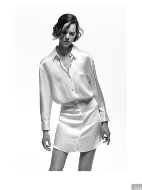 Zara Satin Button-Front Mini Shirt Dress in eggshell White